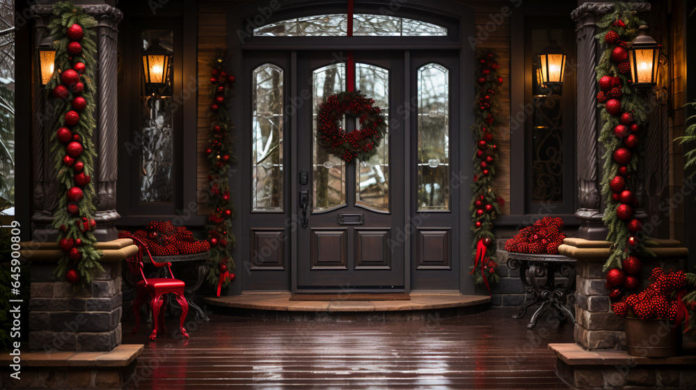 Fototapeta premium Home Decorated with Christmas Sparkle. Welcoming Christmas Entryway