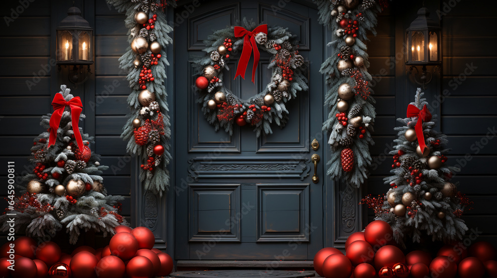 Fototapeta premium Home Decorated with Christmas Sparkle. Welcoming Christmas Entryway