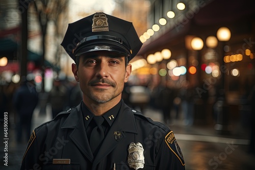 Police Officer: A police officer in uniform stands watchful on a city street, ensuring public safety.Generated with AI photo