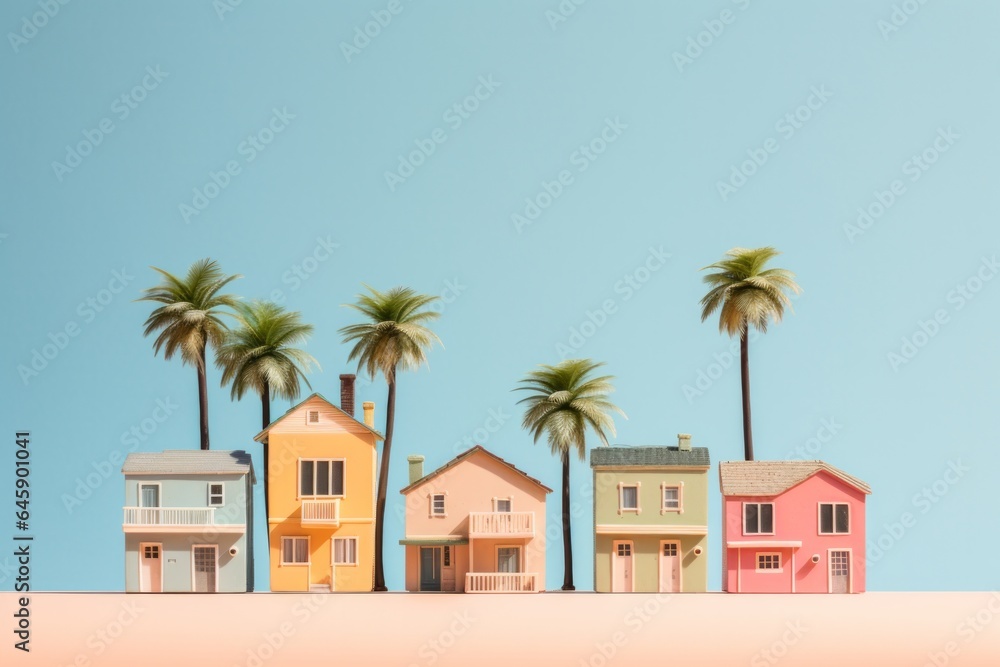 Petite, quaint homes nestled beside swaying palms, all set against the backdrop of a clear blue sky, embodying the essence of minimalistic tranquility