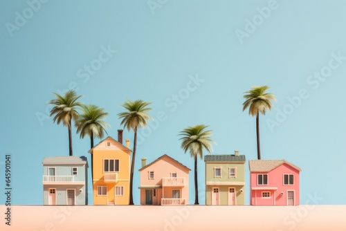 Petite, quaint homes nestled beside swaying palms, all set against the backdrop of a clear blue sky, embodying the essence of minimalistic tranquility © Breezze