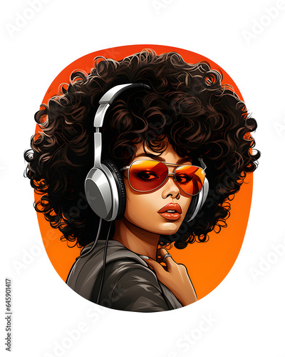 Vintage Illustrator style stickers vector designed in bright neon colors. Referring to 80s dance music, it showcases chic black African women. Wear headphones and sunglasses placed on a white bg.
