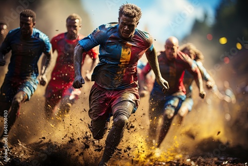 Soccer (Football): Players in colorful jerseys chase a soccer ball across a vibrant green field.Generated with AI