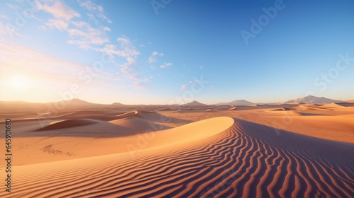 Endless golden sand dunes stretch across a remote desert landscape. The sun casts mesmerizing shadows  creating a breathtaking vista of arid beauty and tranquil solitude.