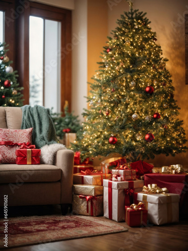 christmas tree with presents a lot of gift box in a cozy and warm living room © Johan Wahyudi
