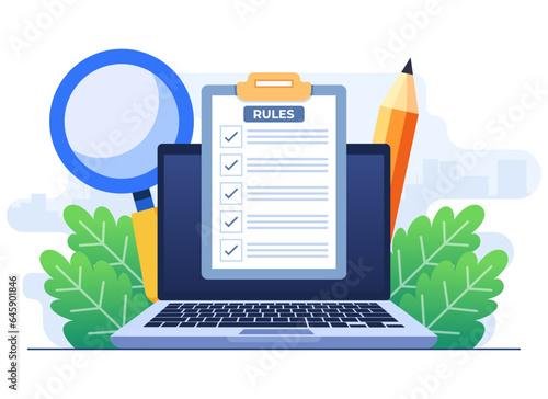 Rules and agreement flat illustration concept, Business rules, Regulation, Compliance, Corporate law and business ethics, Company policy concept for web design, infographic, landing page, social media