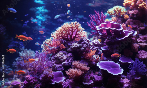 Colorful tropical coral reef with fish, purple neon colour aquarium