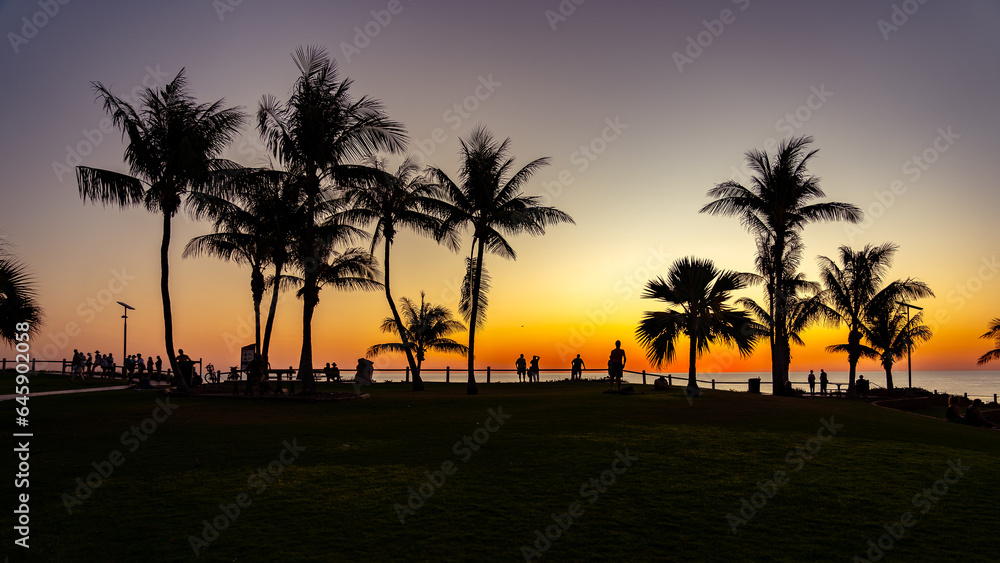 Silhouette of palm trees at sunset at Cable beach in Broome, Western Australia Silhouette of palm trees at sunset at Cable beach in Broome, Western Australia