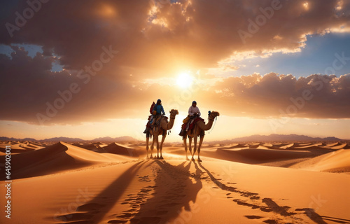 Desert Expeditions, silhouette Two Travelers riding a camel through the desert at sunset