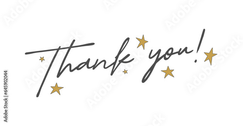 Thank You with little golden stars, Handwritten Lettering. Template for Banner, Postcard, Poster, Print, Sticker or Web Product. Vector Illustration, Objects Isolated on White Background.