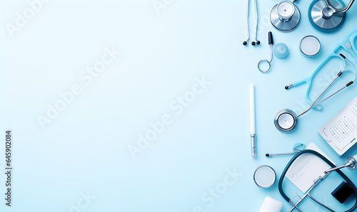 Medical equipment background design view on top, with medical devices, white background, blank space on center