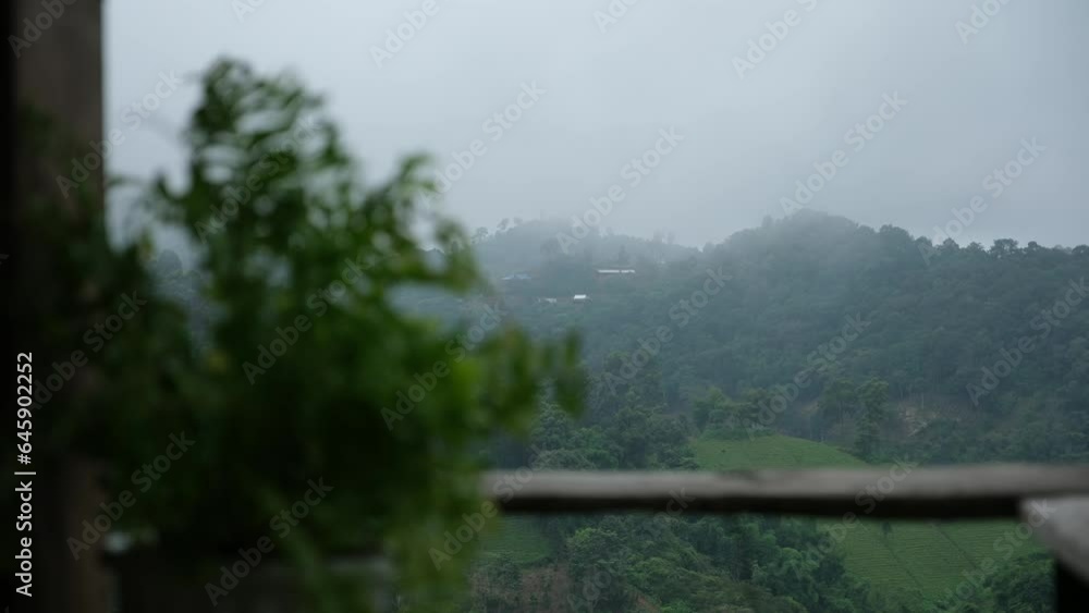 Blurred trees, wooden terrace and mountain views on foggy day Blurred trees, wooden terrace and mountain views on foggy day