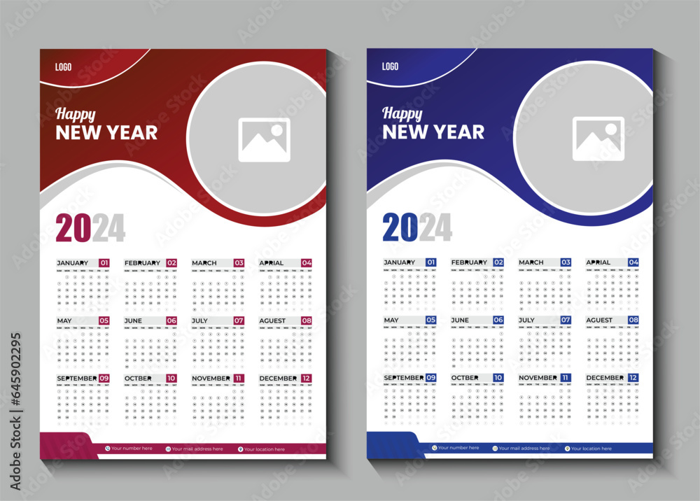 Wall Calendar 2024 , 12 month Wall calendar design template for 2024