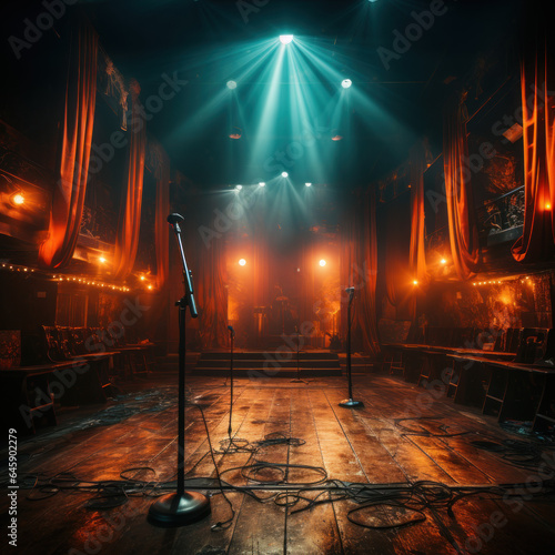 A microphone stand rocks on an empty stage 