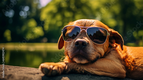 DOG WEARING SUNGLASSES IN THE PARK