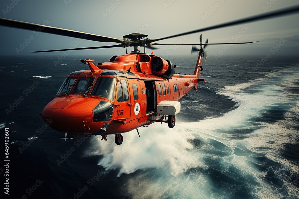 Coast Guard lifeguard descends from a helicopter onto a ship in the middle of the deep blue sea, performing a daring rescue operation.Generated with AI Coast Guard lifeguard descends from a helicopter onto a ship in the middle of the deep blue sea, performing a daring rescue operation.Generated with AI
