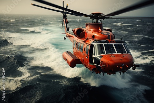Coast Guard lifeguard descends from a helicopter onto a ship in the middle of the deep blue sea, performing a daring rescue operation.Generated with AI
