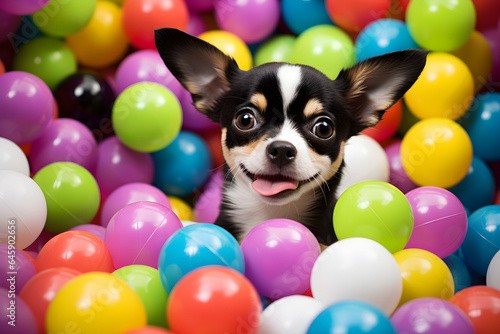 portrait of puppy in colourful ball pit © sam