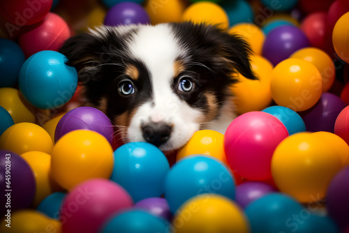portrait of puppy in colourful ball pit