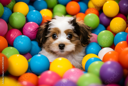 portrait of puppy in colourful ball pit