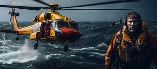 Coast Guard lifeguard descends from a helicopter onto a ship in the middle of the deep blue sea, performing a daring rescue operation.Generated with AI photo