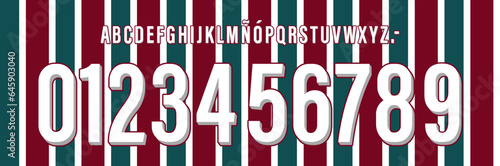 font vector team 2023 - 2024 kit sport style font. football style font with lines. Fluminense  font. flu home. sports style letters and numbers for soccer team. league Brazil. photo