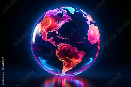 neon planet earth globe isolated on black background