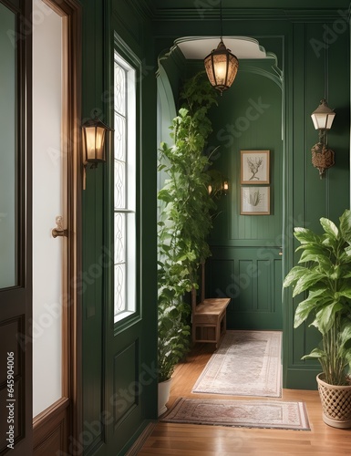 A hallway with green woodwork 