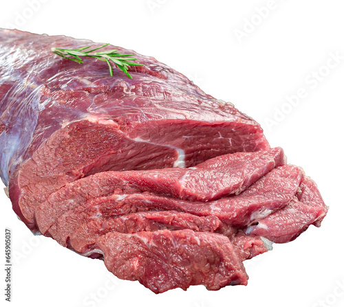 raw big beef steak with rosemary isolated on white background, copy space 