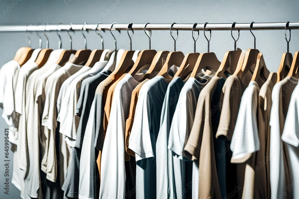 side view of a lot of t-shirts , hanging on hangers , at white background , hd side view of a lot of t-shirts , hanging on hangers , at white background , hd