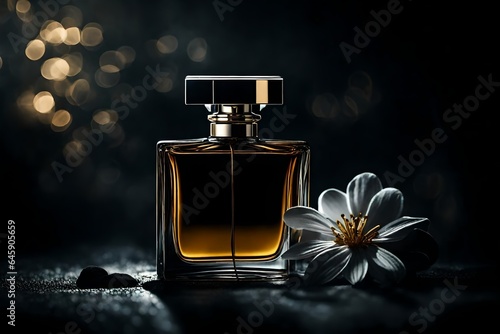 a close up view of luxury purfume , present on dark , dramatic background, hd photo