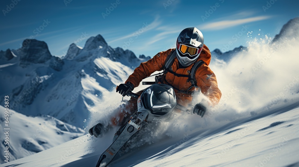 Man on snowmobile. AI Generated.