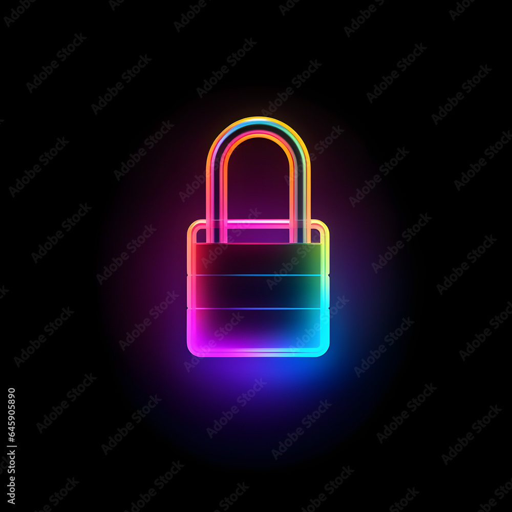 neon padlock symbol isolated on black background neon padlock symbol isolated on black background