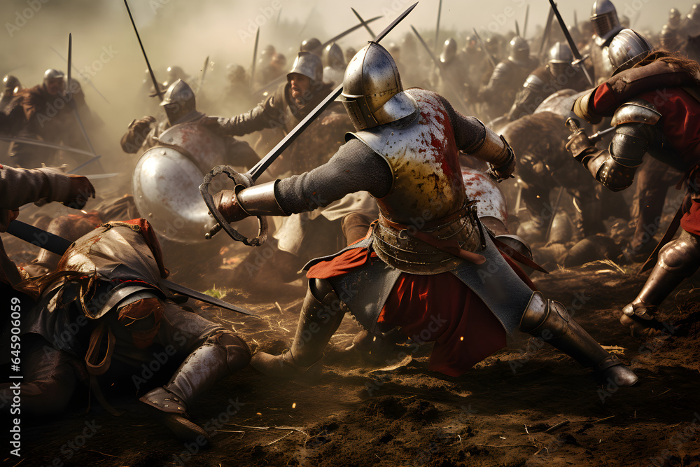 medieval soldiers fighting in battle - obrazy, fototapety, plakaty 