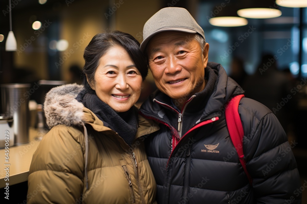 Smiling retired asian couple. AI Generated.