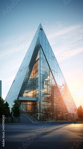Modern building featuring a triangular design with glass, concrete, and steel elements during midday