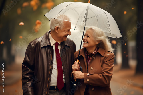 happy senior retired couple with umbrella in the rain