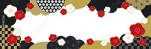 梅と和柄 和風 新春 バナー フレーム 背景/横長・透過・黒