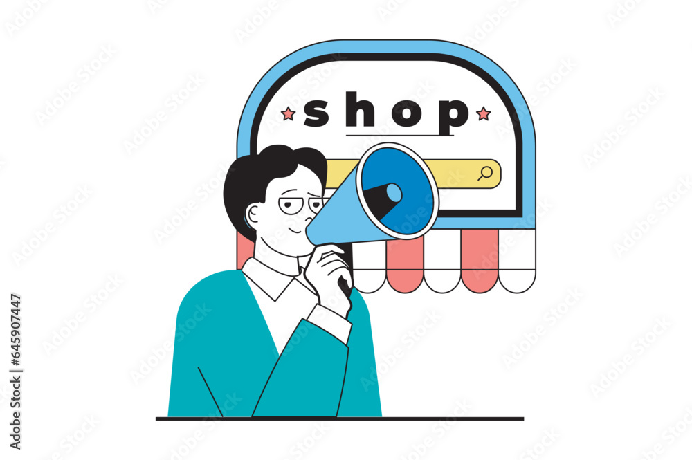 Shopping concept with people scene in flat web design. Man with megaphone makes advertising promotion of store with bargain offers. Vector illustration for social media banner, marketing material. Shopping concept with people scene in flat web design. Man with megaphone makes advertising promotion of store with bargain offers. Vector illustration for social media banner, marketing material.