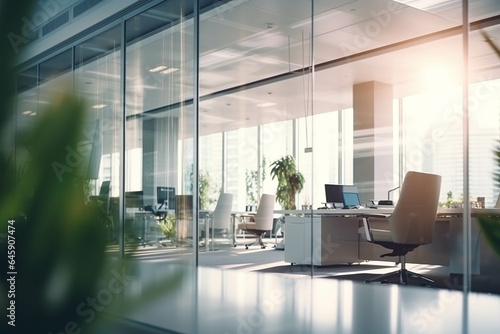 background of a light modern office interior with panoramic windows and beautiful lighting © Pichsakul