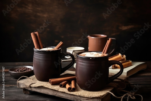 Rustic wooden table with a cup of hot and sweet cocoa with cinnamon.