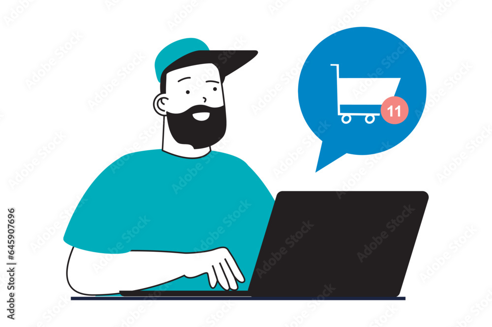 Shopping concept with people scene in flat web design. Man choosing new goods, adding i cart and making purchases at internat store. Vector illustration for social media banner, marketing material.