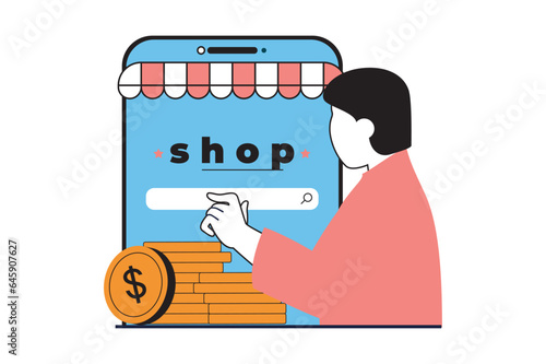 Shopping concept with people scene in flat web design. Man searching new products and making purchases with discount at internat store. Vector illustration for social media banner, marketing material.