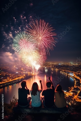 Friends celebrating New Year, fireworks in the sky. AI Generated.