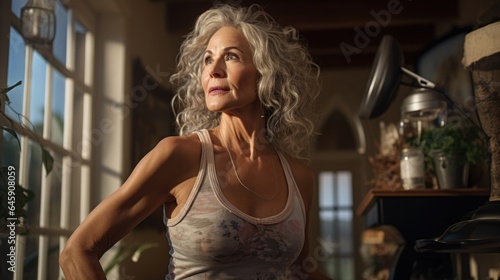 Senior American woman, 60 years old, exercising at her home, health concept.