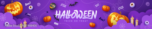 Dark background Halloween banner template, ghostly pumpkin, and spooky elements. Perfect as website background or Halloween themed banner design.