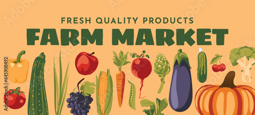 set of fresh vegetables harvest. Farm and agricultural market or festival poster, flyer. Vector flat illustration