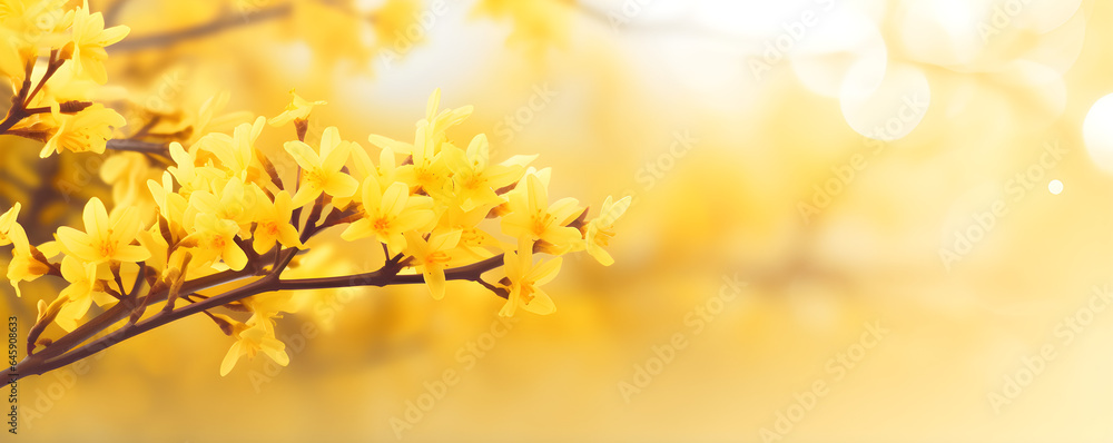 © sam - flowering forsythia in springtime sunshine, floral spring background banner concept with copy space and defocused lights in saturated yellow color