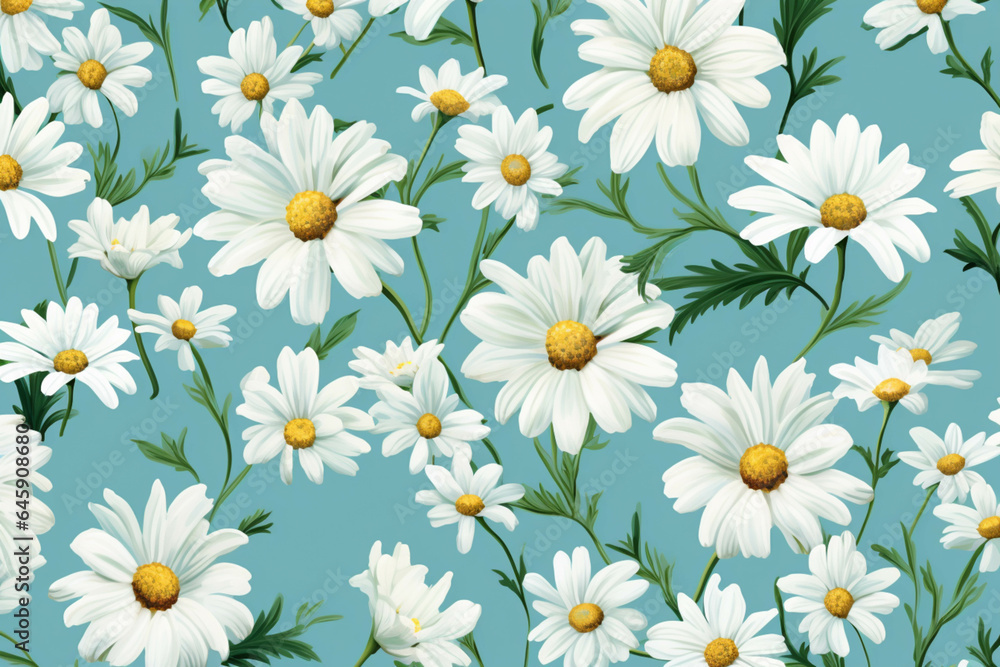 floral pattern of white daisies blue background, green leaves floral pattern of white daisies blue background, green leaves