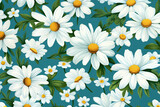 floral pattern of white daisies blue background, green leaves